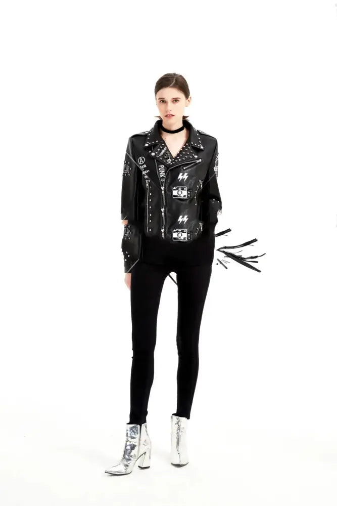 Women's Graffiti Rivet Studded Fringe Leather Jacket