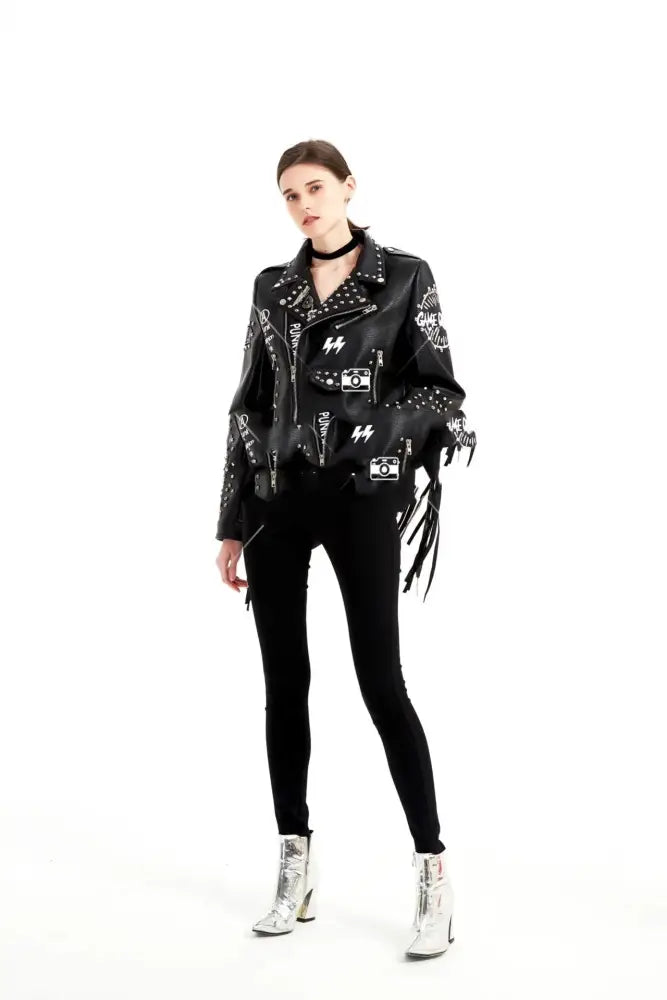 Women's Graffiti Rivet Studded Fringe Leather Jacket