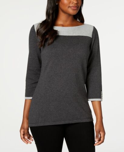 Karen Scott Women's Cotton Color blocked Sweater Gray Size Small