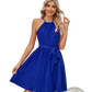 Halter Neck Pleated Chiffon Mini Dress with Belt