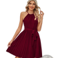 Halter Neck Pleated Chiffon Mini Dress with Belt
