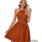 Halter Neck Pleated Chiffon Mini Dress with Belt