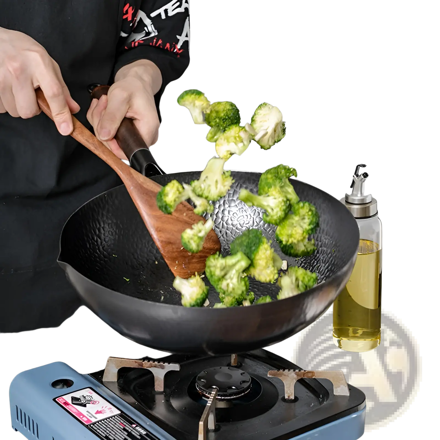 Handmade Iron Wok with Wooden Handle and Glass Lid