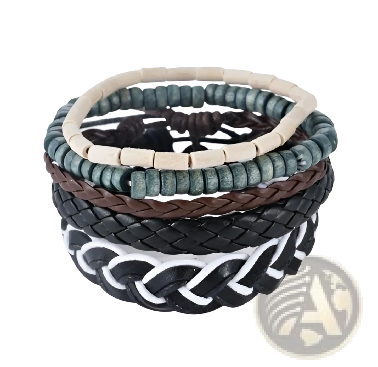 Handmade Multilayer Braided Leather and Wood Bead Bracelet