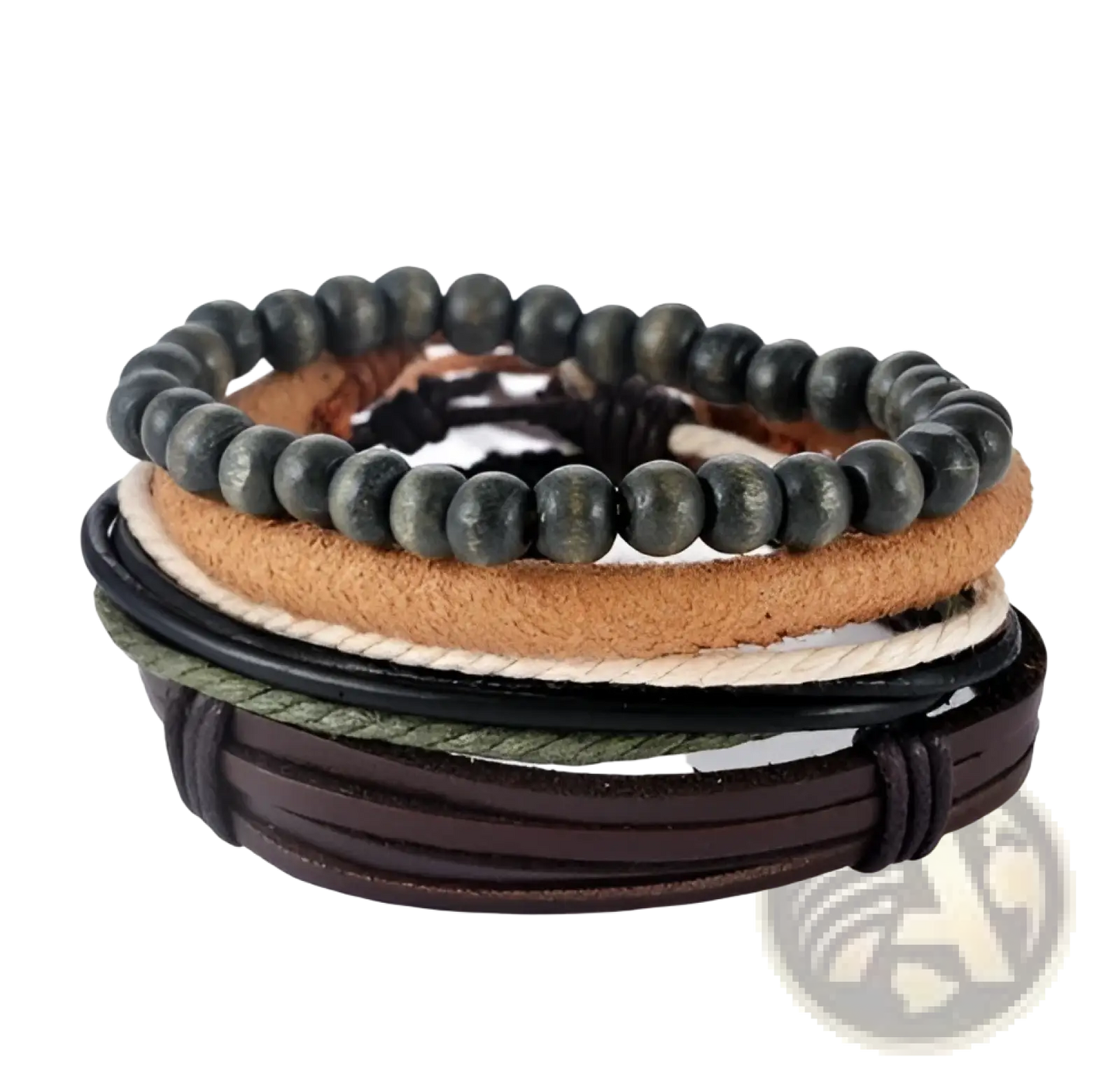 Handmade Multilayer Braided Leather and Wood Bead Bracelet