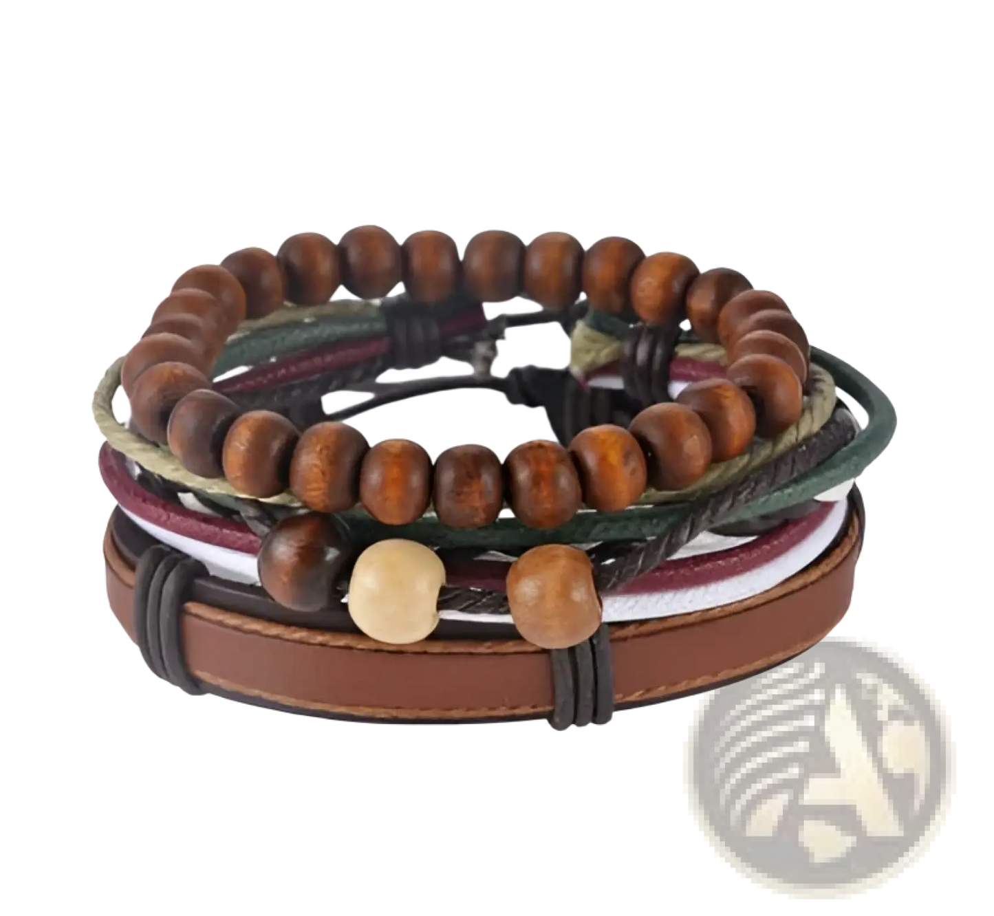 Handmade Multilayer Braided Leather and Wood Bead Bracelet