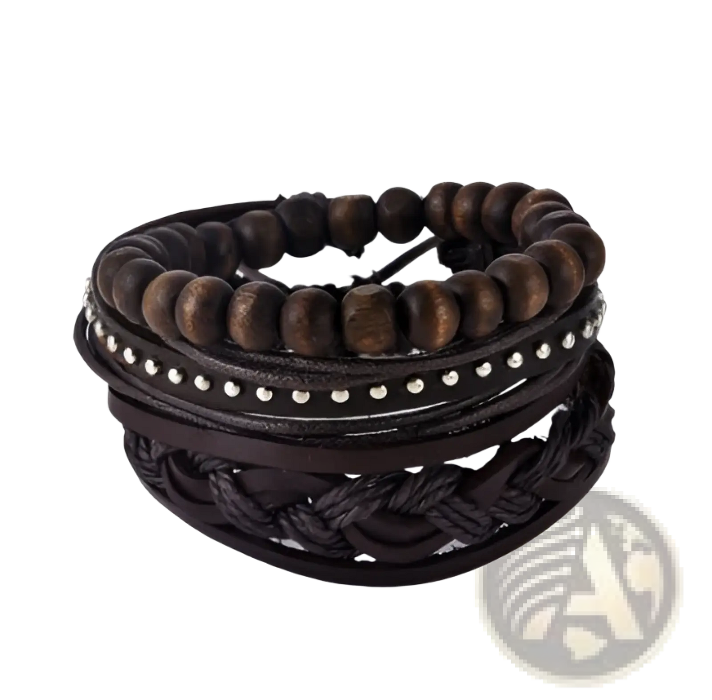 Handmade Multilayer Braided Leather and Wood Bead Bracelet