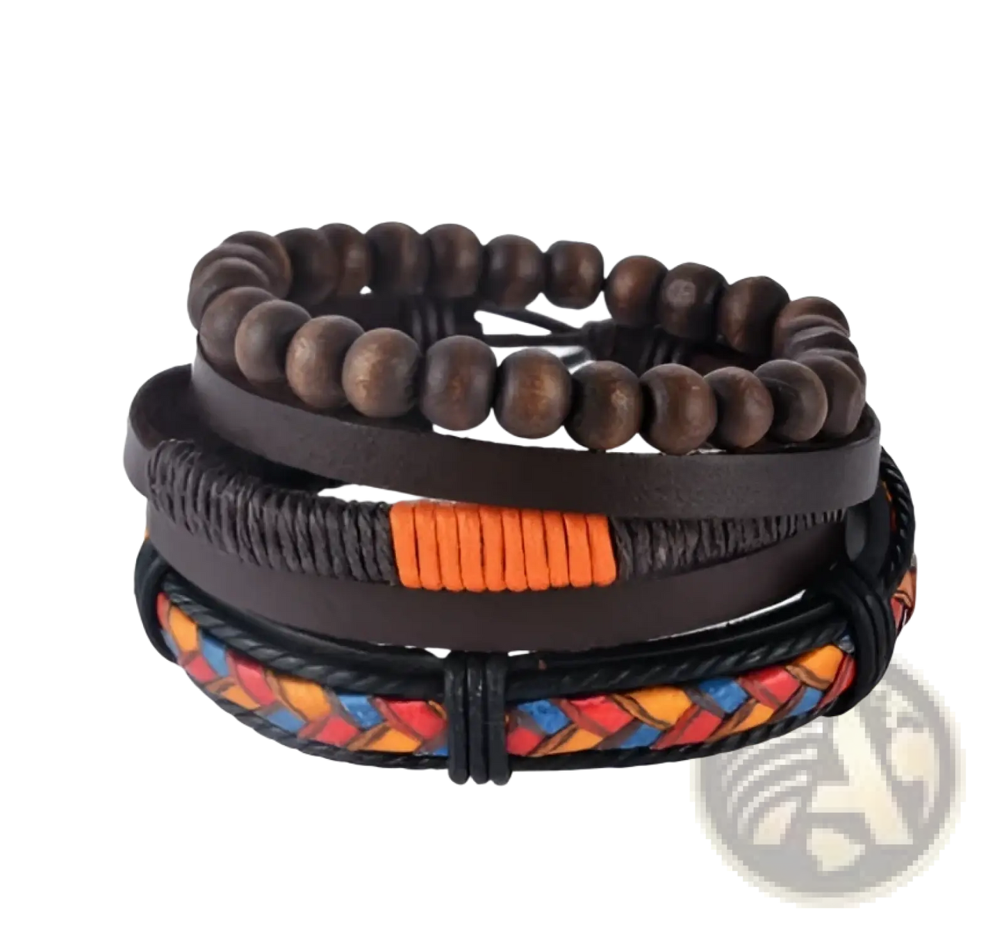 Handmade Multilayer Braided Leather and Wood Bead Bracelet