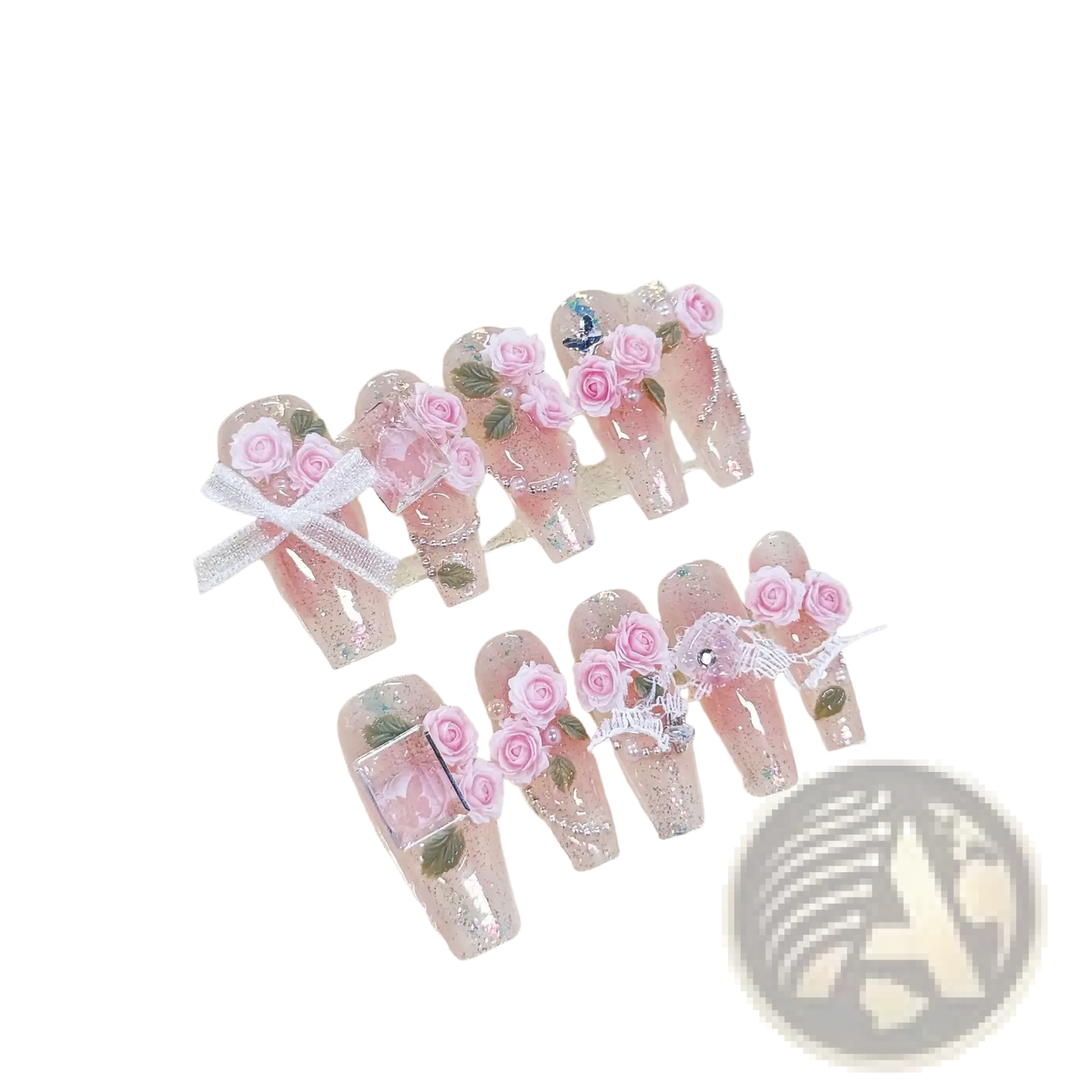 Handmade Pink Floral Almond Press on Nails with Glitter
