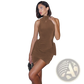 High Neck Slim Fit Brown Midi Dress with Side Slit
