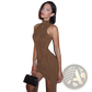 High Neck Slim Fit Brown Midi Dress with Side Slit