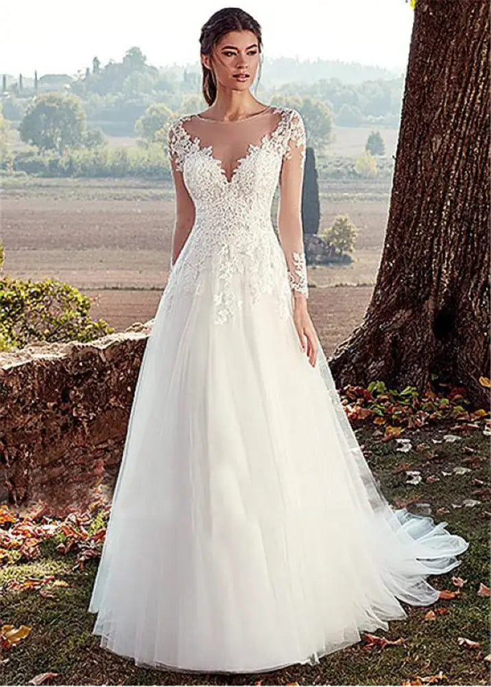Lace Long Sleeve A-line Tulle Wedding Gown