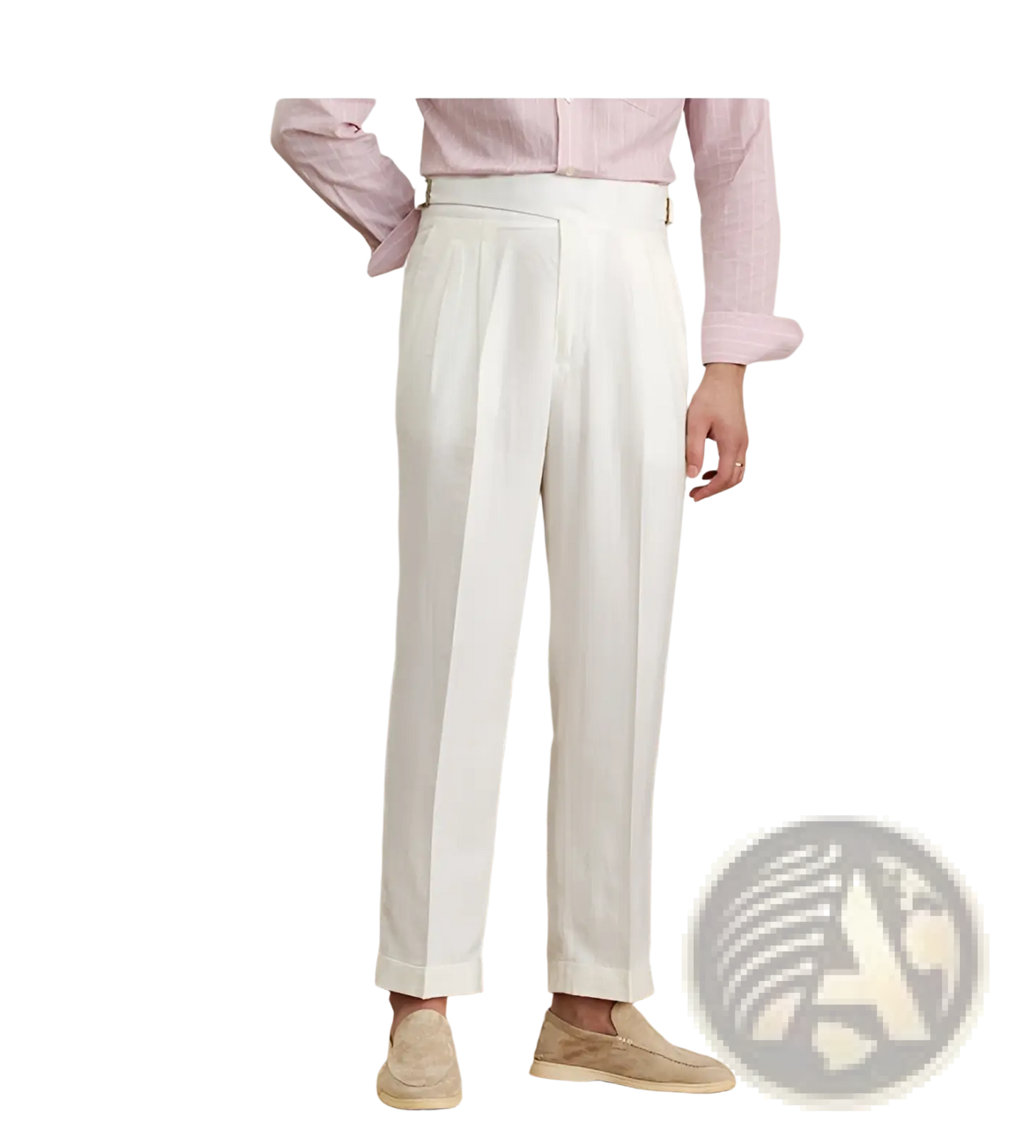 High Waist Cotton Linen Straight Leg Pleated Trousers