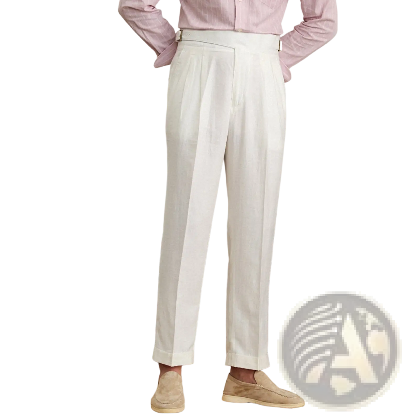 High Waist Cotton Linen Straight Leg Pleated Trousers