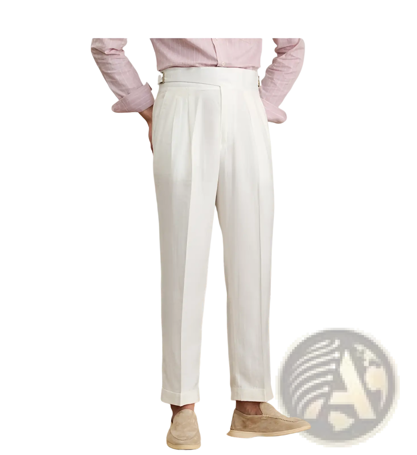 High Waist Cotton Linen Straight Leg Pleated Trousers