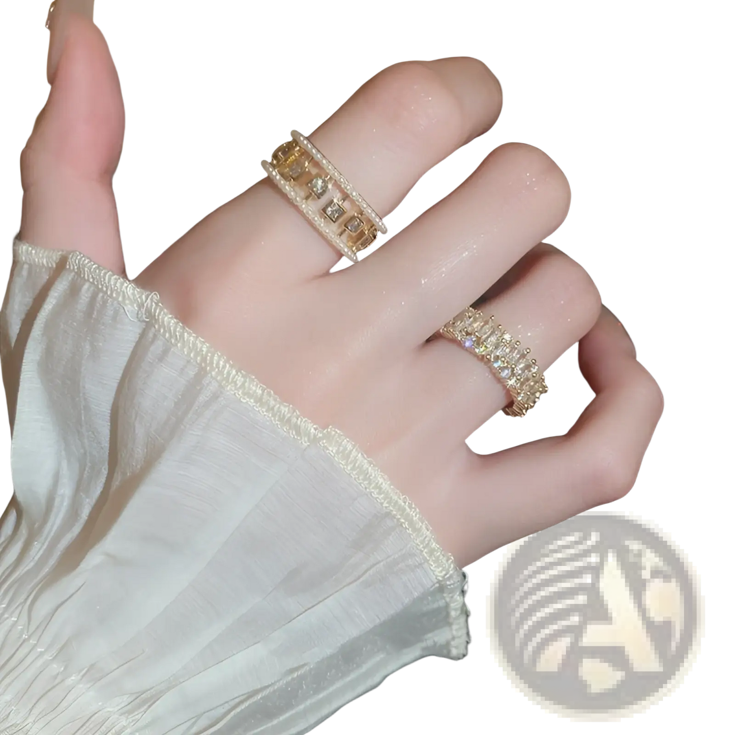 Hollowed Square Pearl and Baguette Zircon Open Ring