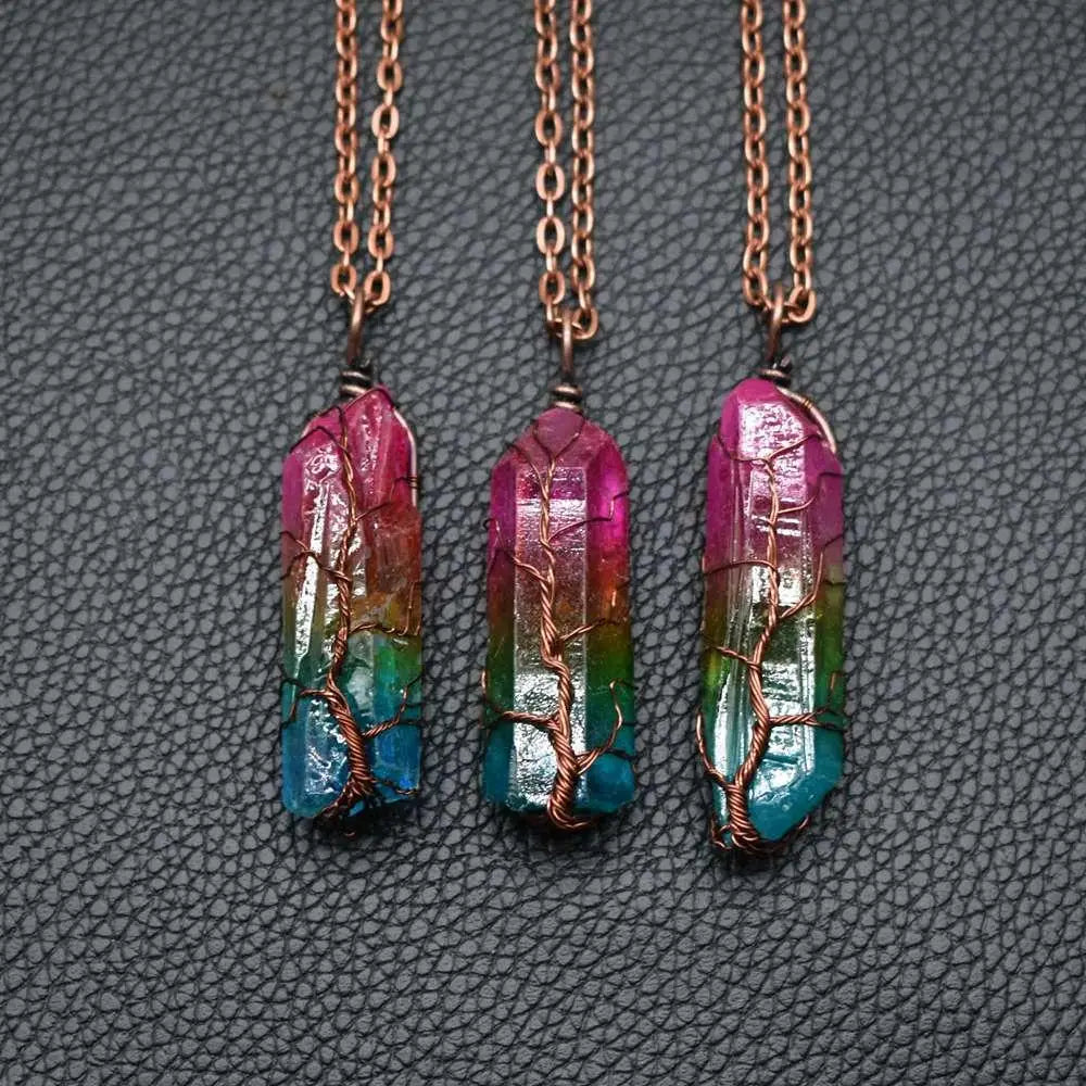 Rainbow Tree of Life Crystal Pillar Pendant Necklace