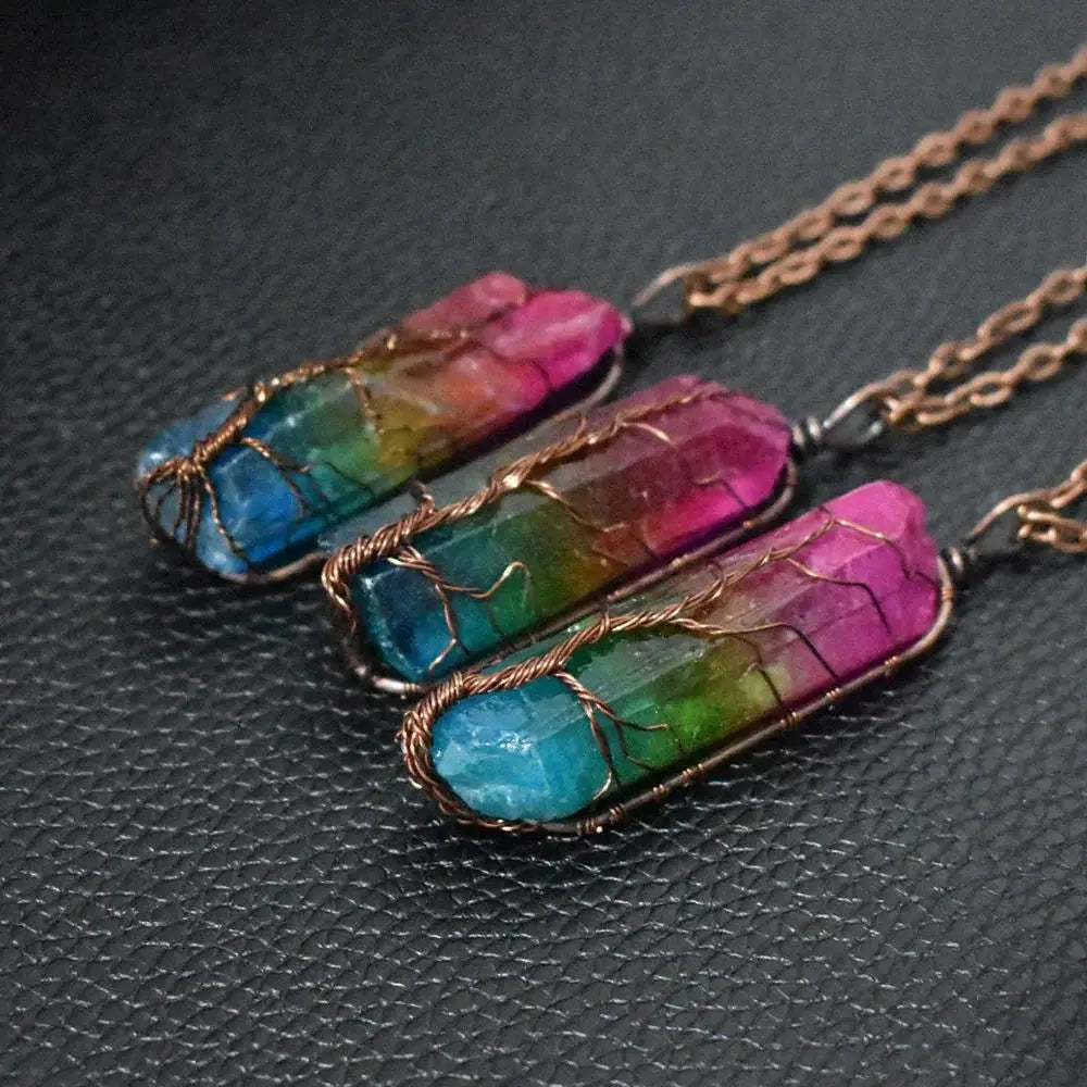 Rainbow Tree of Life Crystal Pillar Pendant Necklace