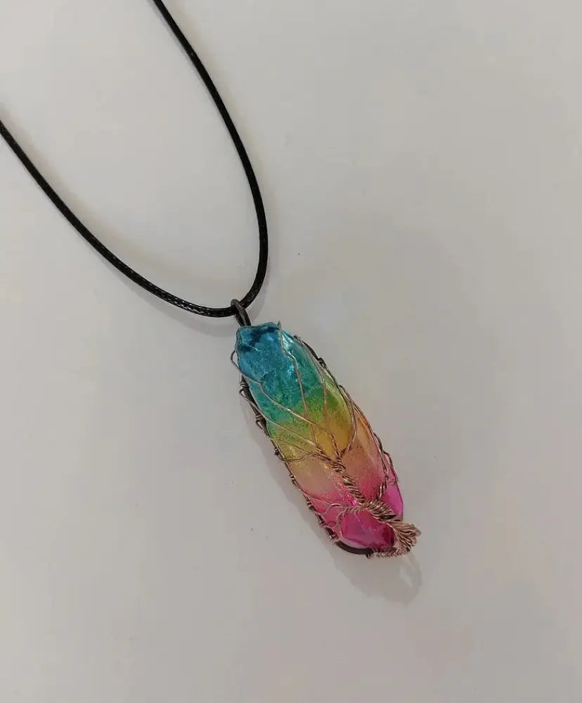 Rainbow Tree of Life Crystal Pillar Pendant Necklace