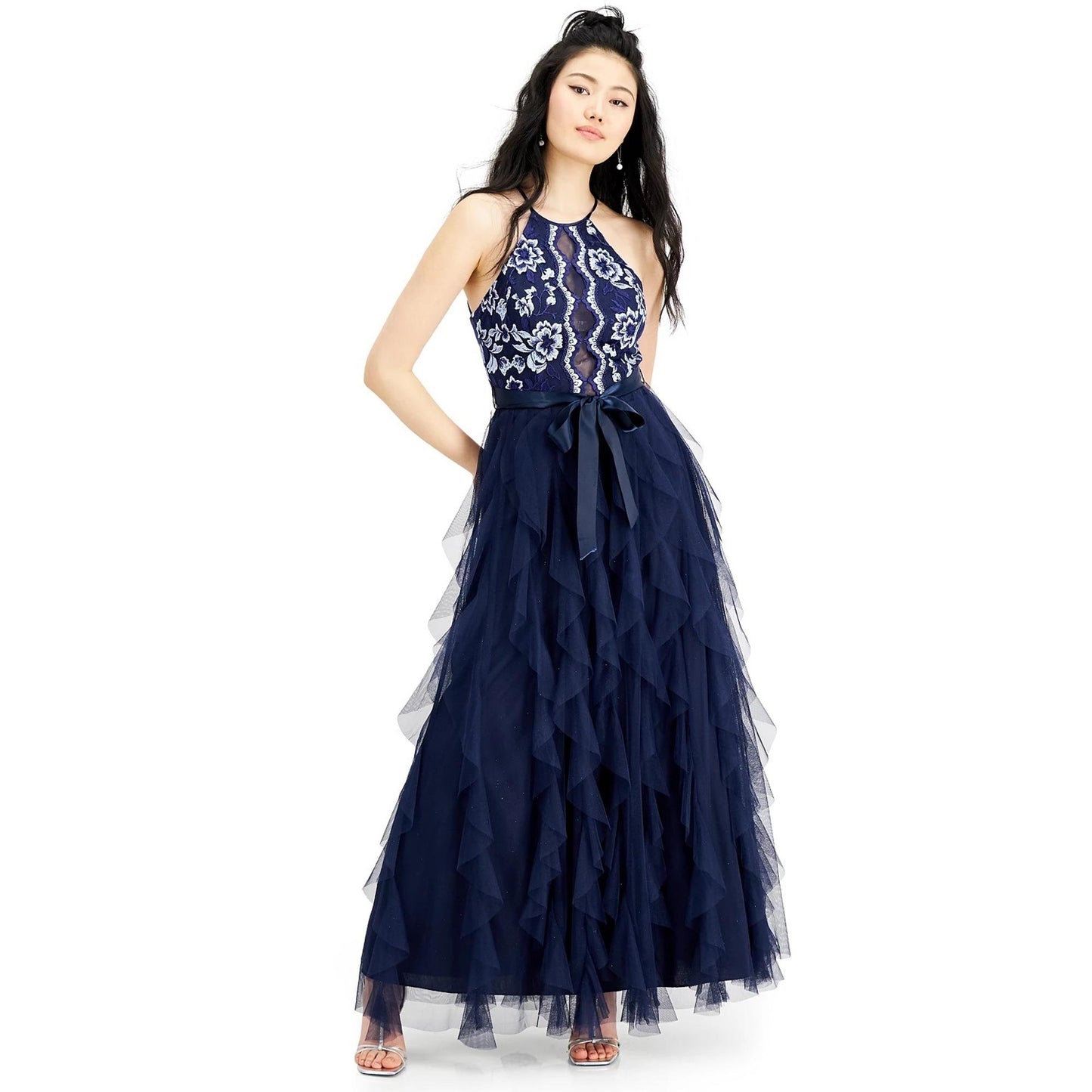 Teeze Me Women's Navy Ruffled Textured Floral Sleeveless Halter Full-Length Layered Formal Dress  Navy Size 5