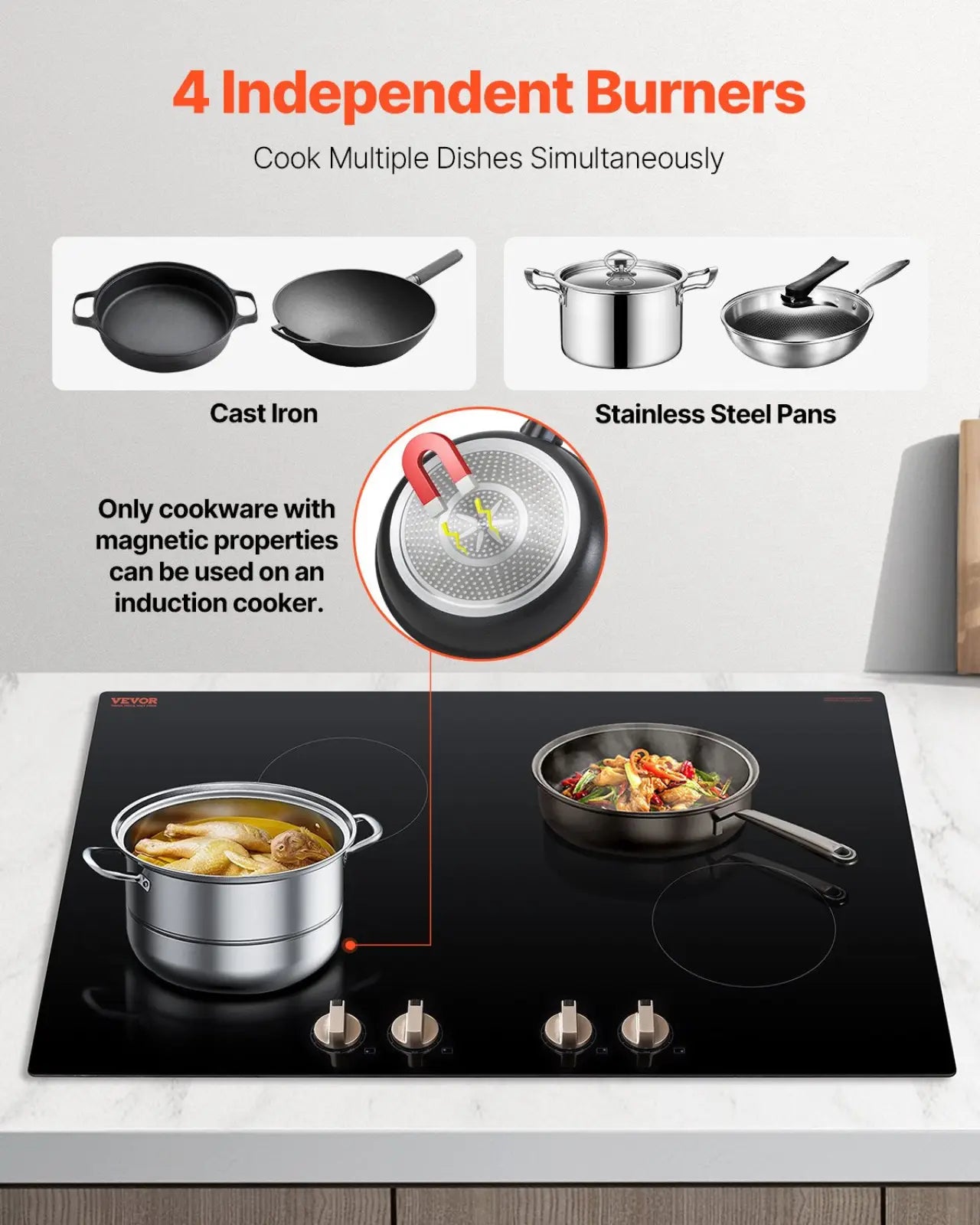Induction Cooktop 4 Burner 6600w Knob Control Stove