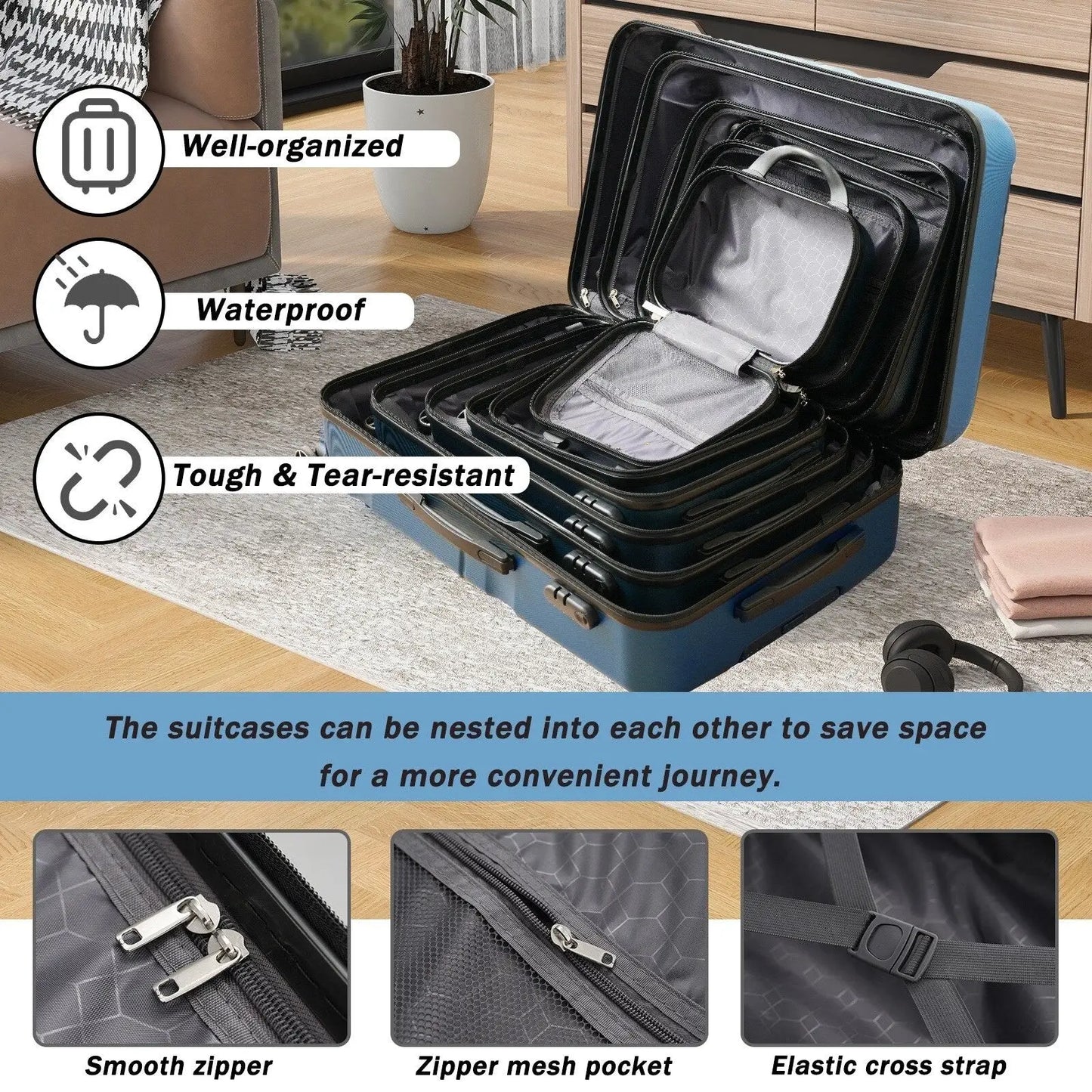 Inky Blue 12 Piece Abs Hardshell Luggage Set with Spinner Wheels