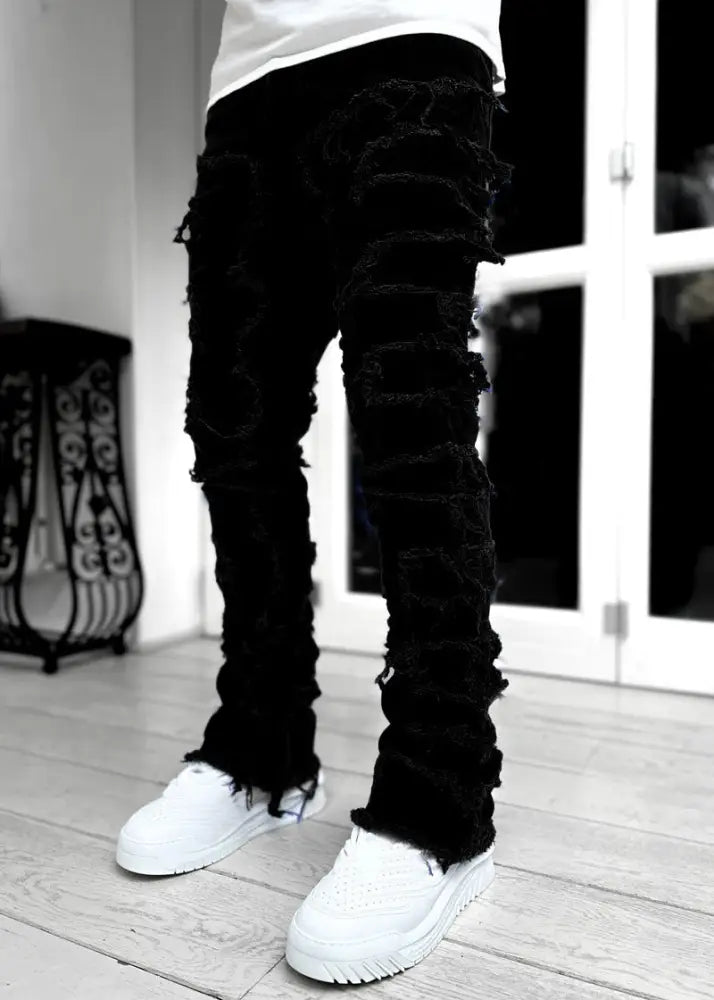 Men's Slim Fit Stacked Ripped Patchwork Streetwear Jeans
