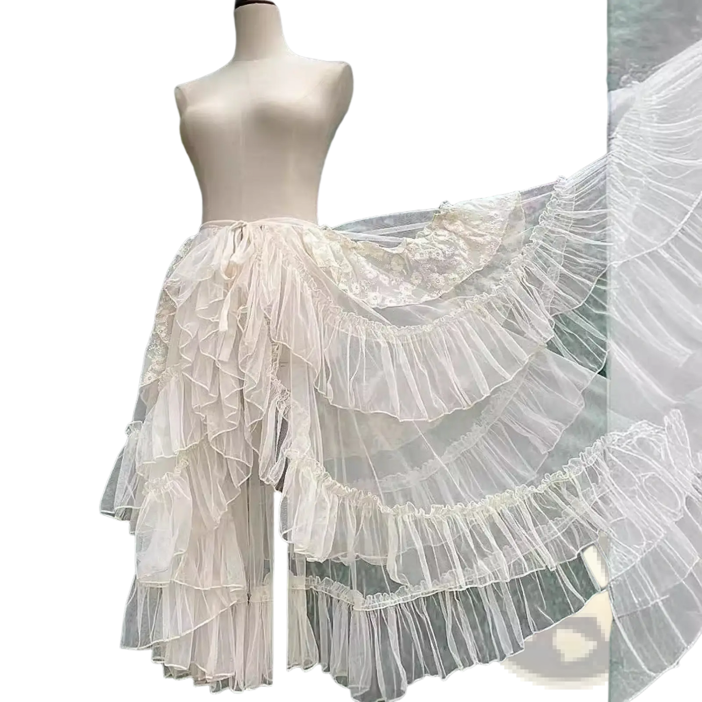 Tiered Ruffle Tulle A-line Lace Midi Skirt
