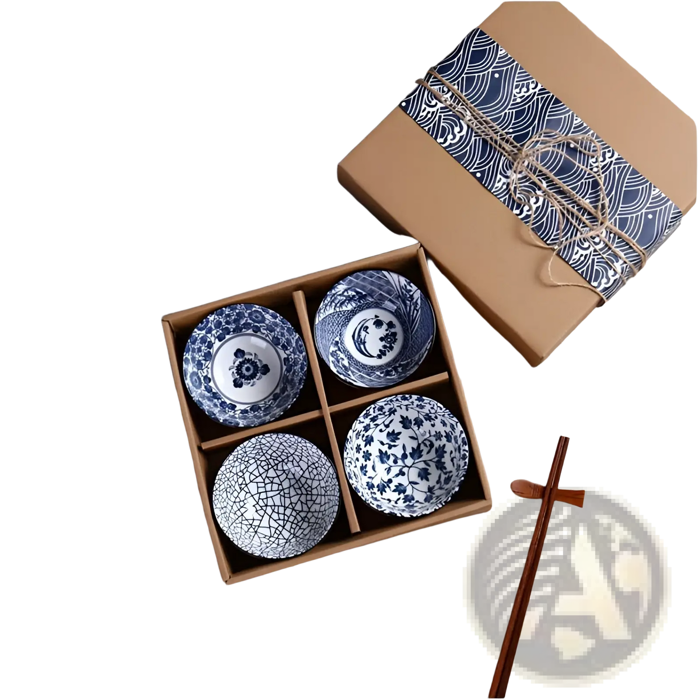 Japanese Tableware Set Blue Ceramic Floral Bowl 10 Piece