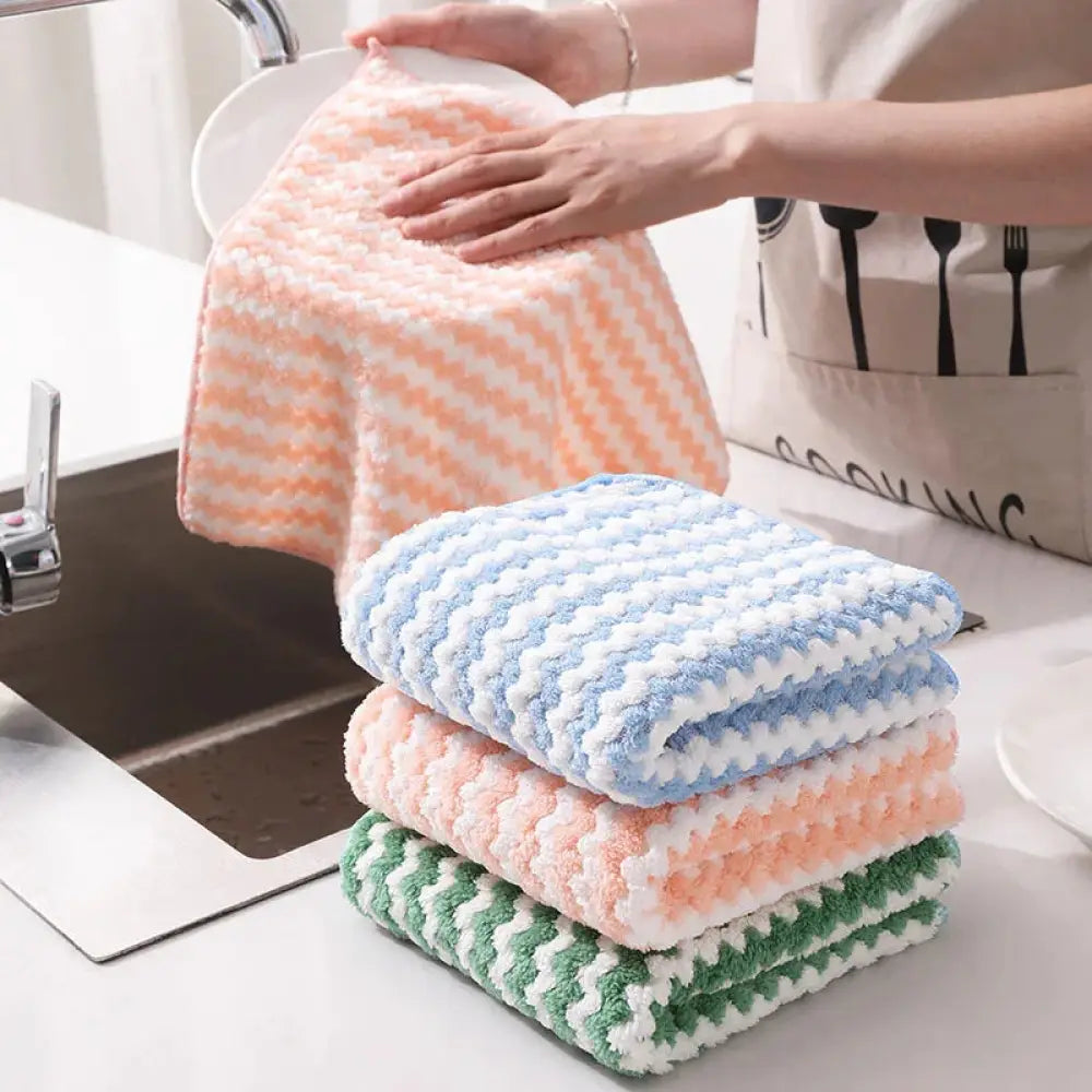 Super Absorbent Striped Coral Fleece Kitchen Cleaning Cloths
