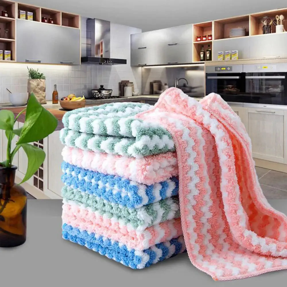 Super Absorbent Striped Coral Fleece Kitchen Cleaning Cloths