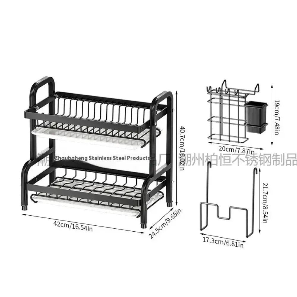 3-tier Black Metal Dish Rack with Marble Water Trays