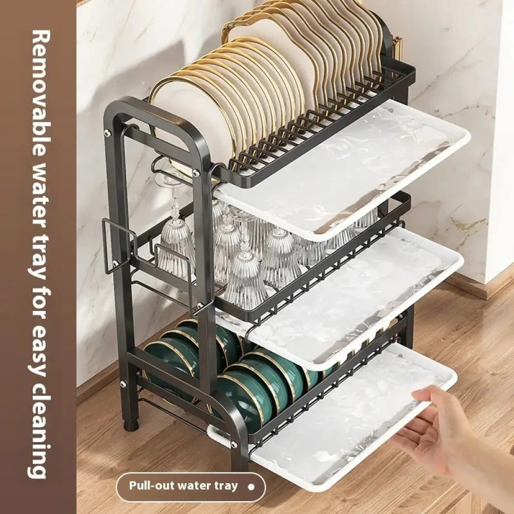 3-tier Black Metal Dish Rack with Marble Water Trays