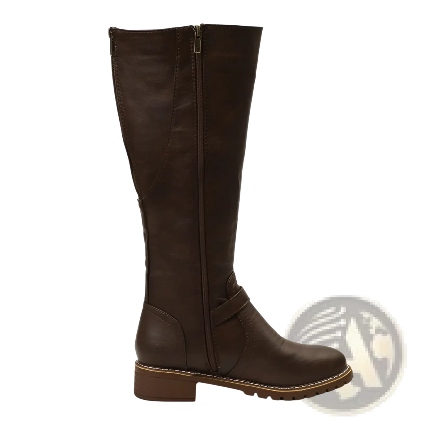 Knee High Knight Boots with Gold Buckle and Low Heel
