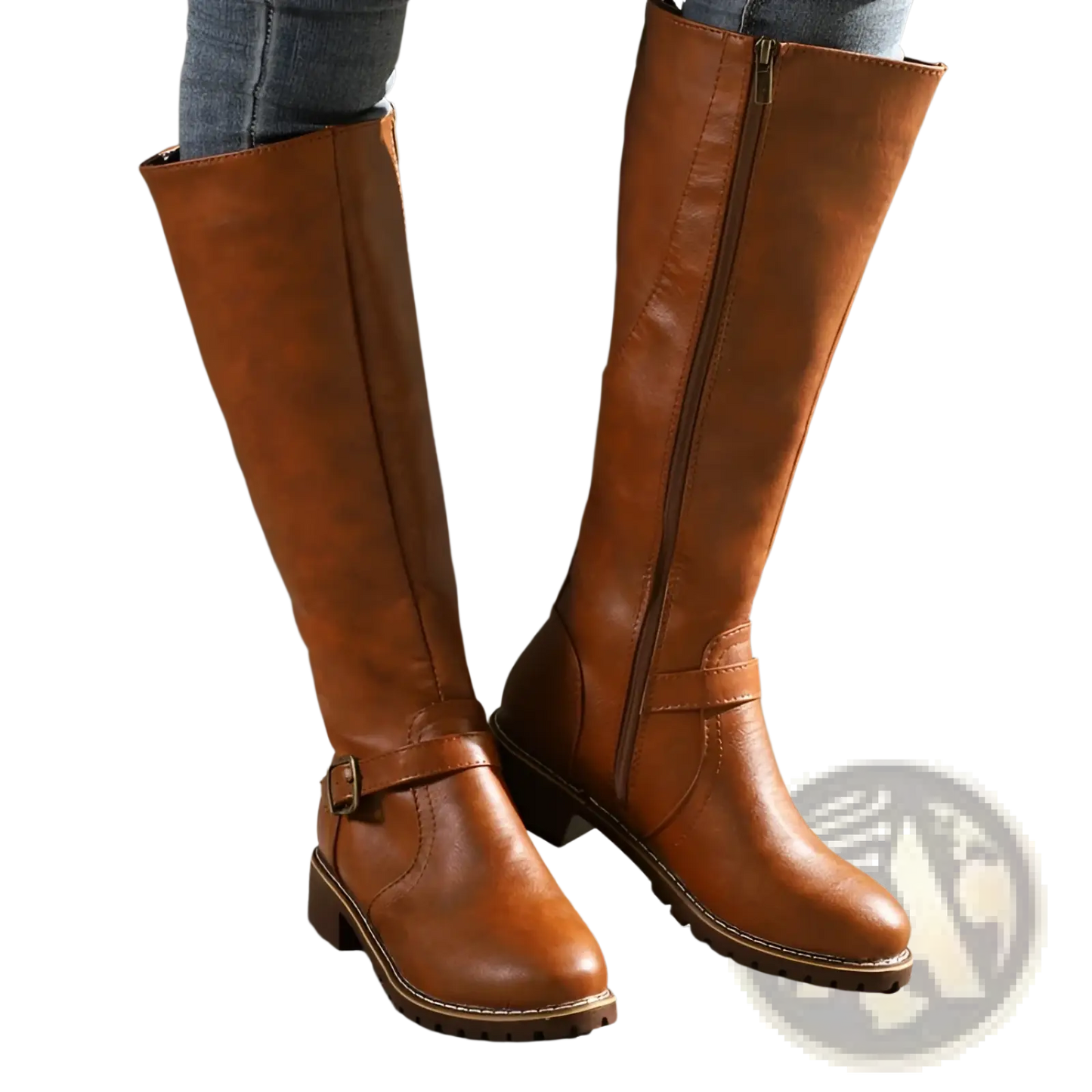 Knee High Knight Boots with Gold Buckle and Low Heel