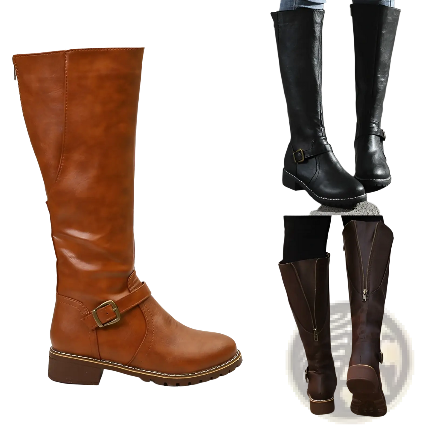 Knee High Knight Boots with Gold Buckle and Low Heel