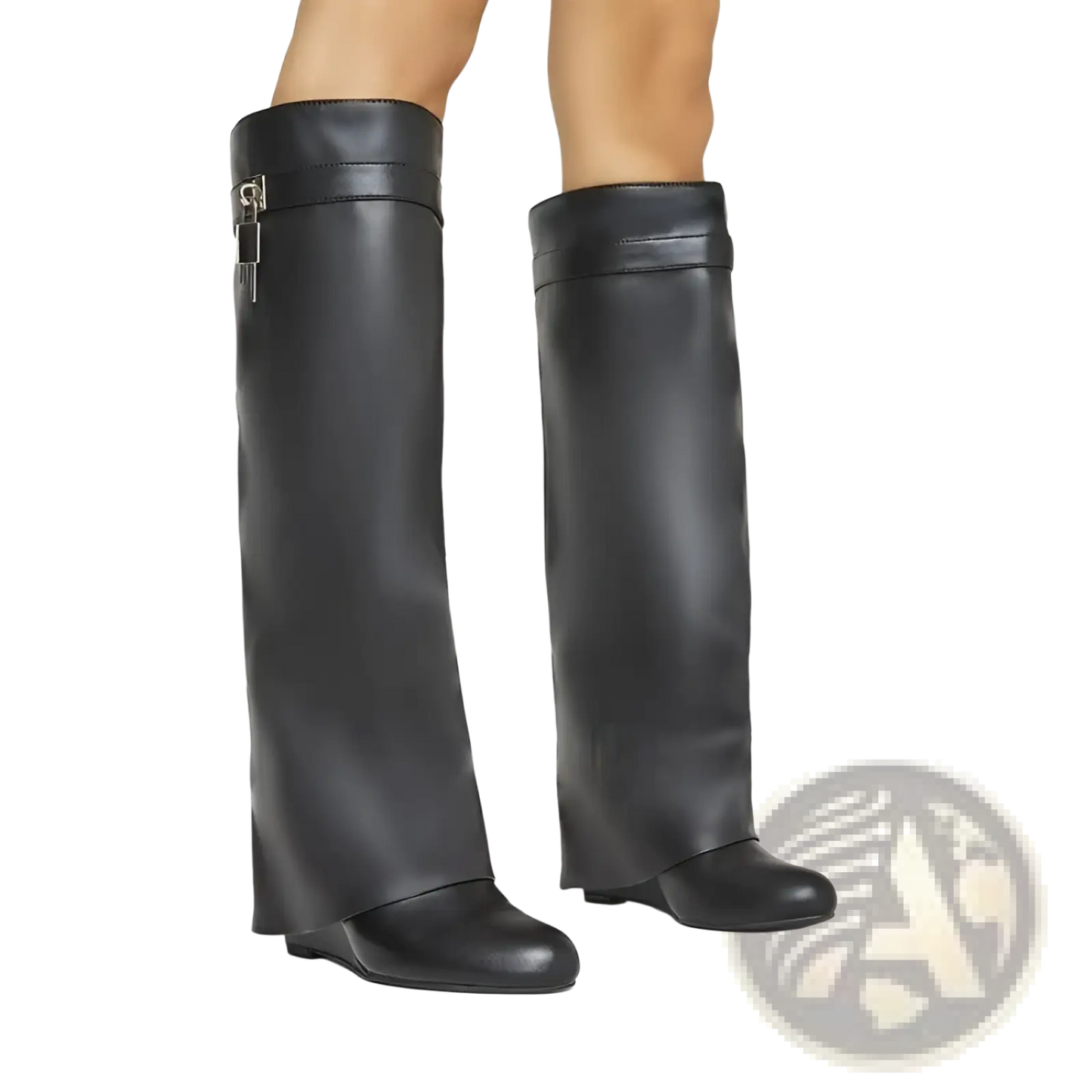Knee High Wedge Boots with Silver Padlock Buckle