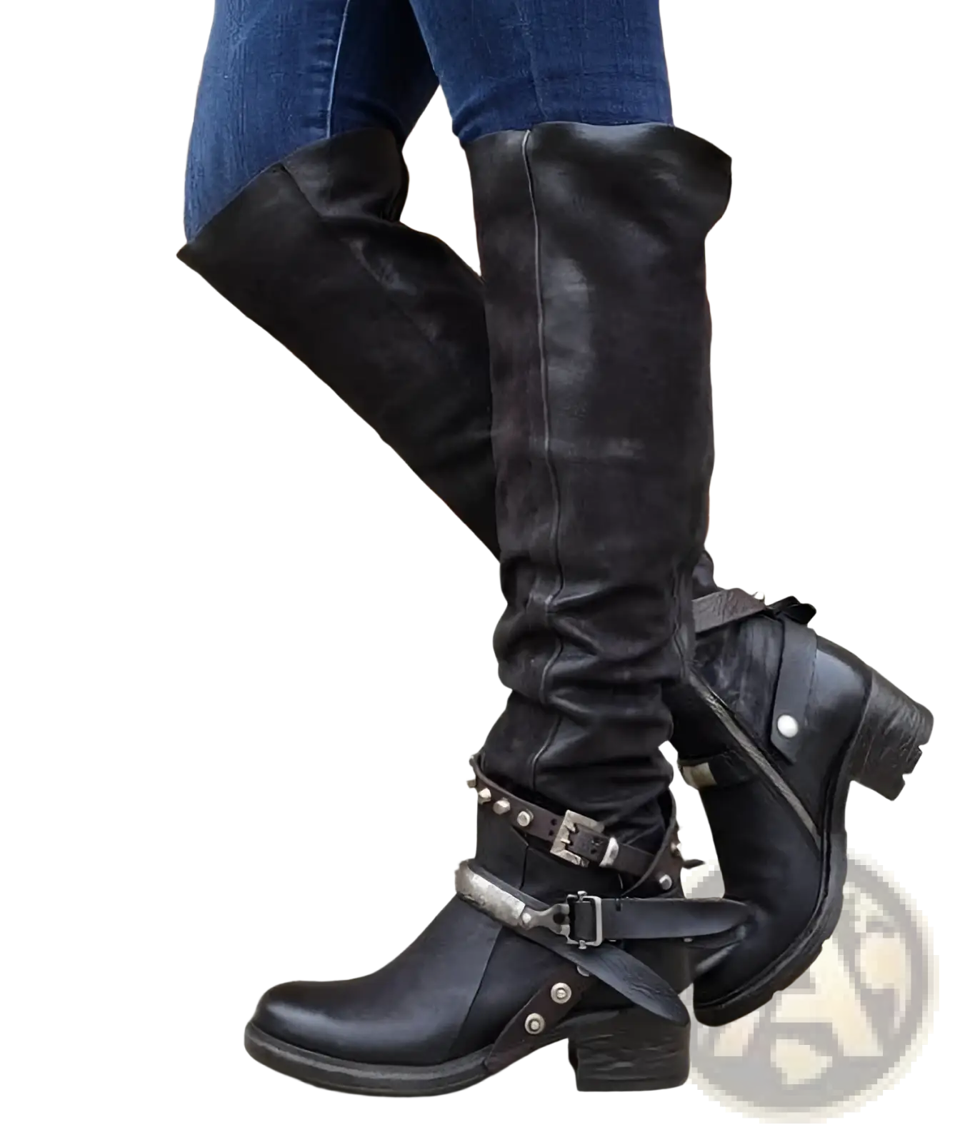 Knight Boots Women's Buckle Strap Chunky Heel Suede