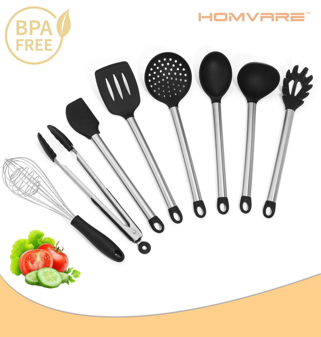 होमवेयर 8 पीस स्टेनलेस स्टील BPA फ्री सिलिकॉन किचन कुकिंग ईज़ी ग्रिप यूटेंसिल सेट टिकाऊ मटीरियल - काला