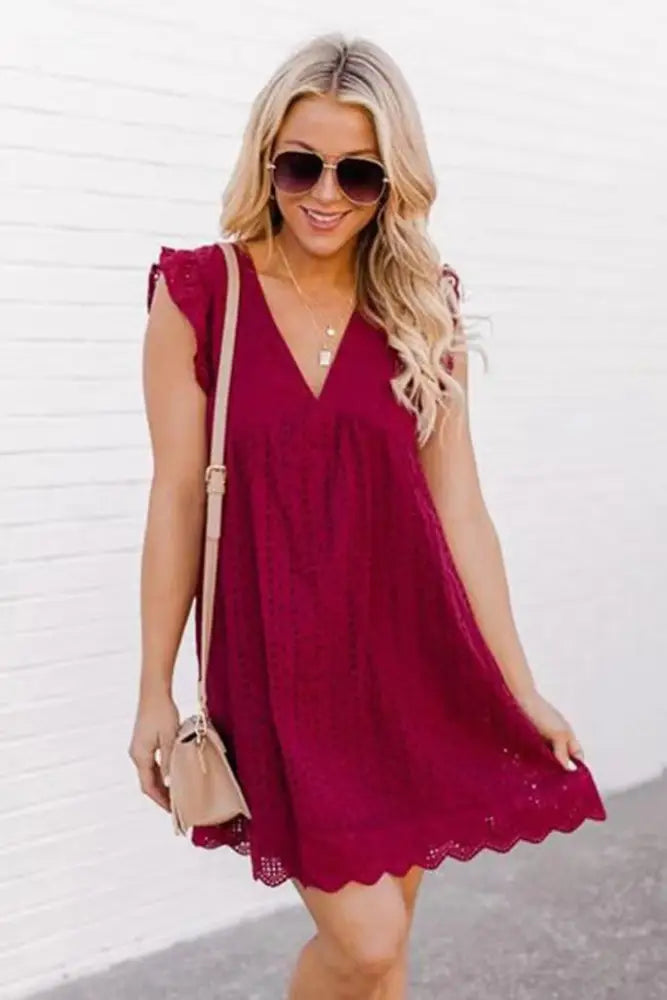 Lace Jacquard v Neck Eyelet Beach Dress with Pockets
