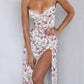 Lace Floral Print Satin Midi Dress with Side Slit