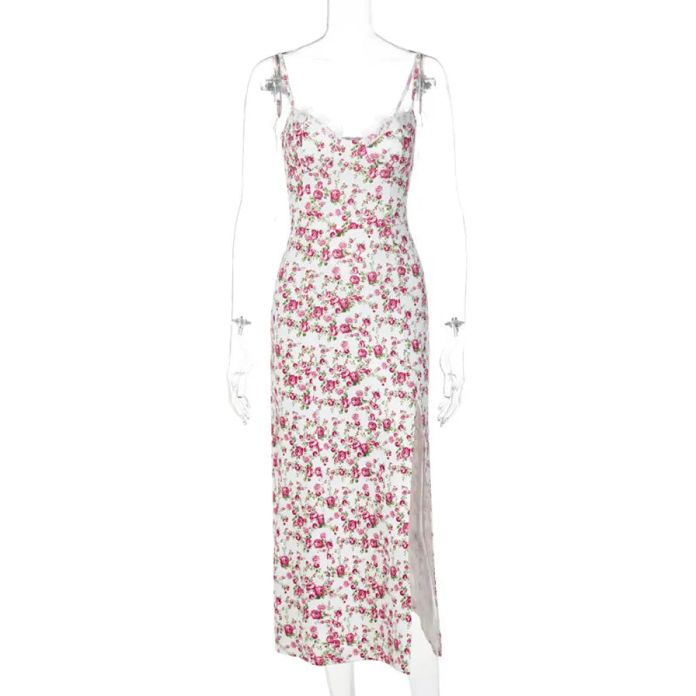 Lace Floral Print Satin Midi Dress with Side Slit