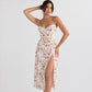 Lace Floral Print Satin Midi Dress with Side Slit