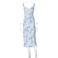 Lace Floral Print Satin Midi Dress with Side Slit