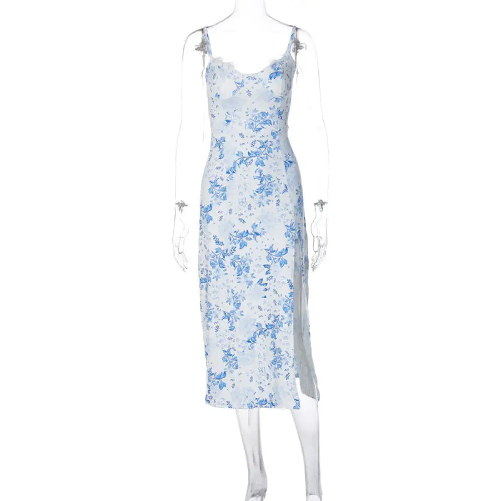 Lace Floral Print Satin Midi Dress with Side Slit