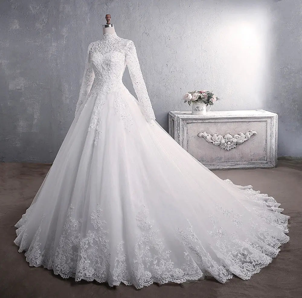Embroidered Lace Stand Collar Wedding Gown with Train