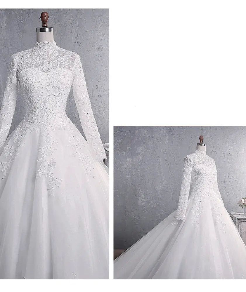 Embroidered Lace Stand Collar Wedding Gown with Train