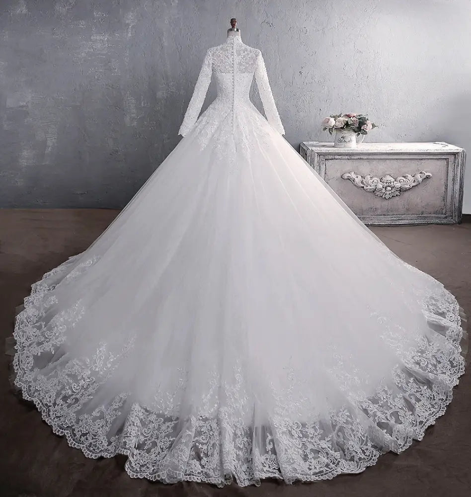 Embroidered Lace Stand Collar Wedding Gown with Train