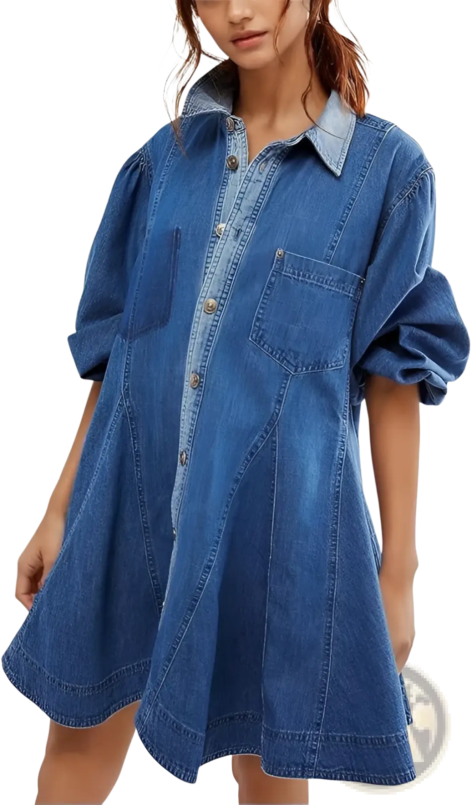 Lantern Sleeve Patch Pocket Denim Shirt Dress