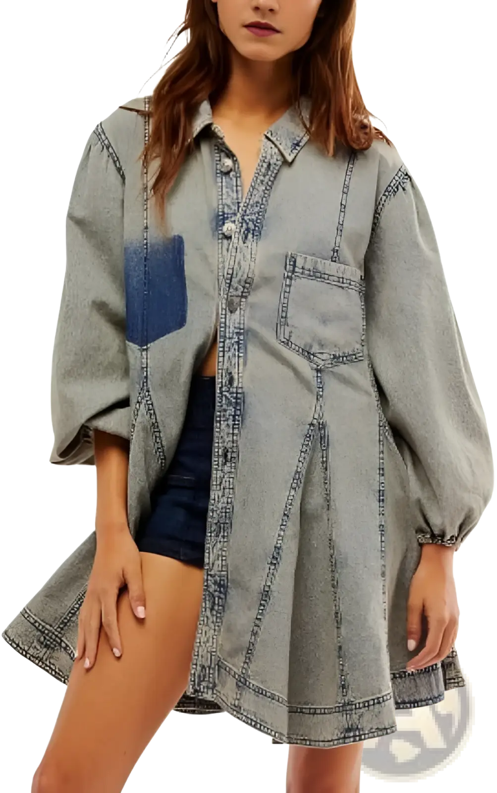 Lantern Sleeve Patch Pocket Denim Shirt Dress